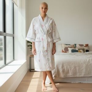 Printfresh Fruit Embroidered Robe Organic Cotton Belted Kimono NWT L/XL White